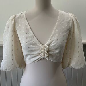 AFRM Swiss Dot Cutout Crop Blouse Cream Gold Puff Sleeve Smocked Back